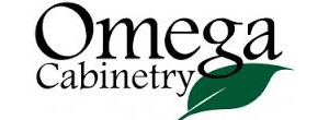 Omega Cabinetry logo featuring elegant black text with a green leaf, representing sustainable and stylish cabinetry solutions.