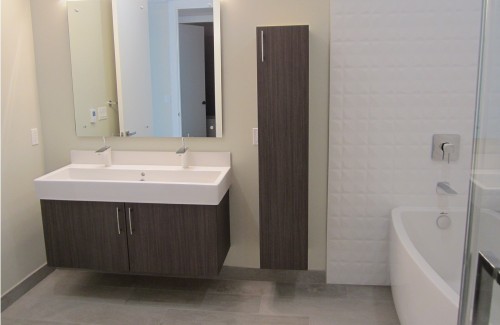 Contemporary floating vanity and linen cabinet