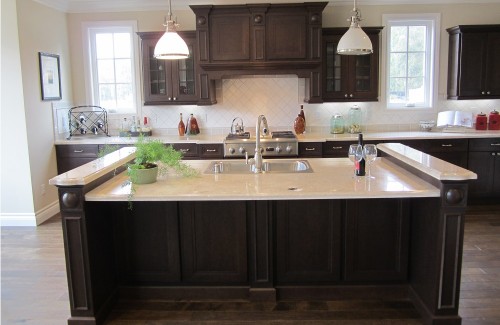 Traditional kitchen dark cherry cabinets with island